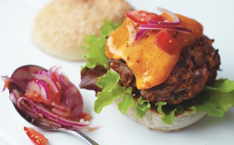 Red Leicester Burgers with Tomato and Onion Relish