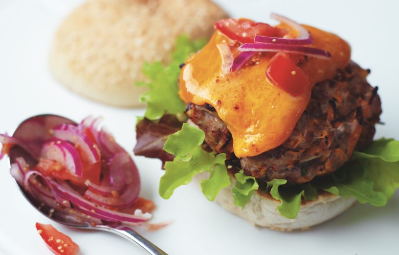 Red Leicester Burgers with Tomato and Onion Relish