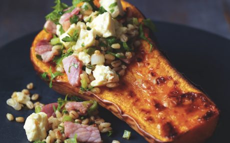 Roast Butternut Squash with Caerphilly, Barley and Bacon Stuffing