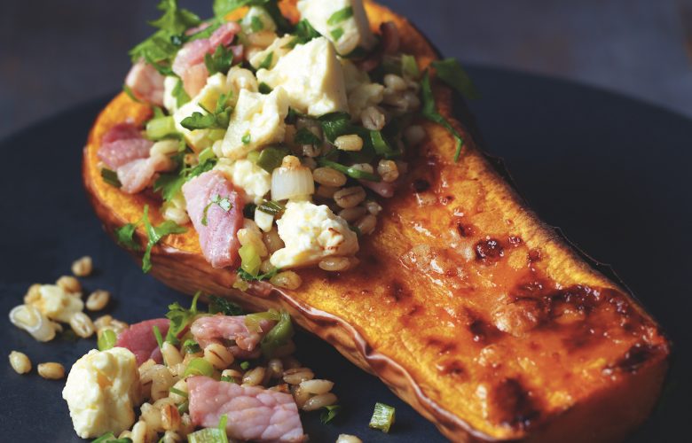 Roast Butternut Squash with Caerphilly, Barley and Bacon Stuffing