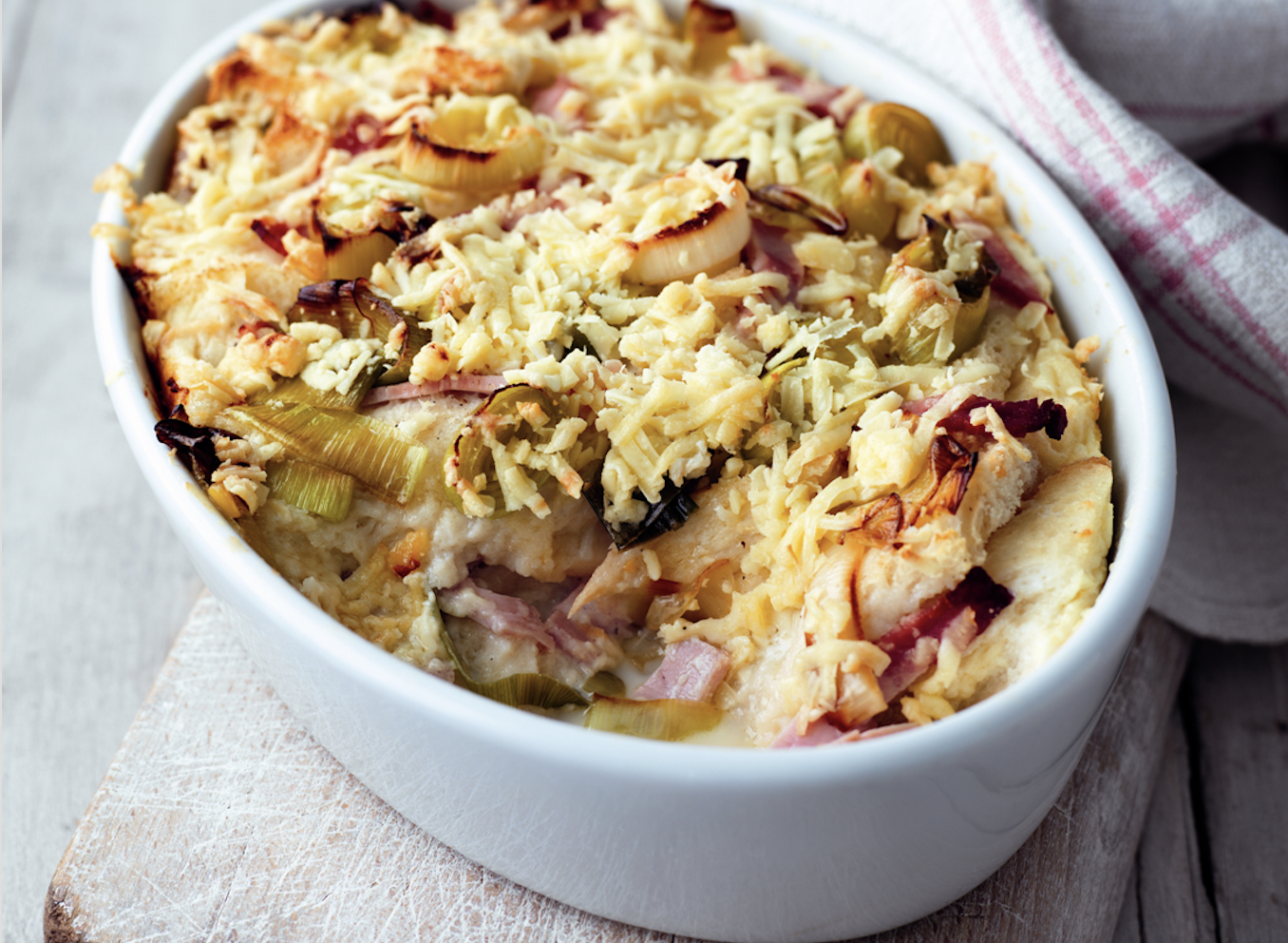 Ham, Leek and Belton Farm Lancashire Cheese Bread & Butter Pudding